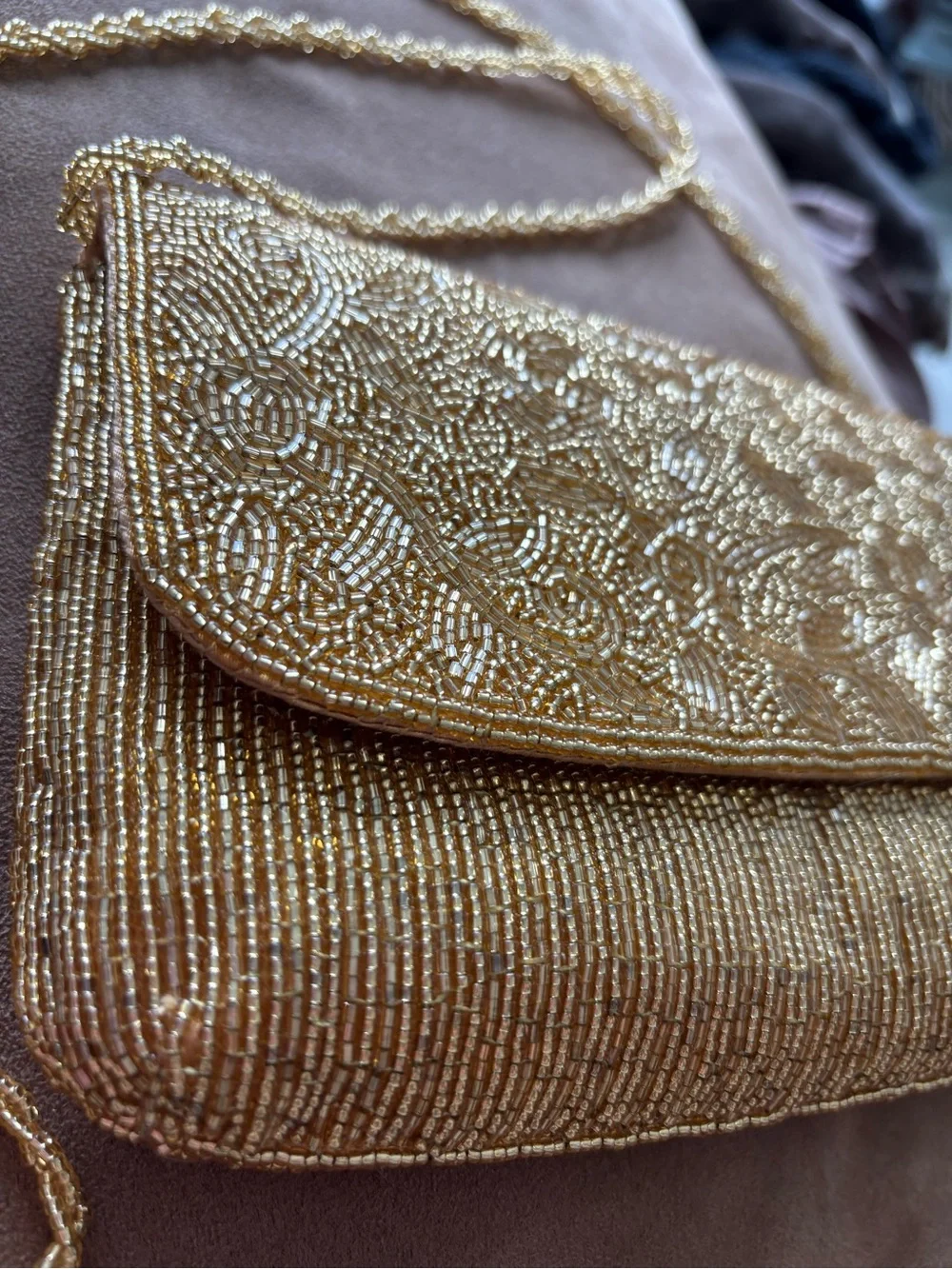 Gold Glitz Beaded Evening Clutch with Lacey Gold Chain Strap